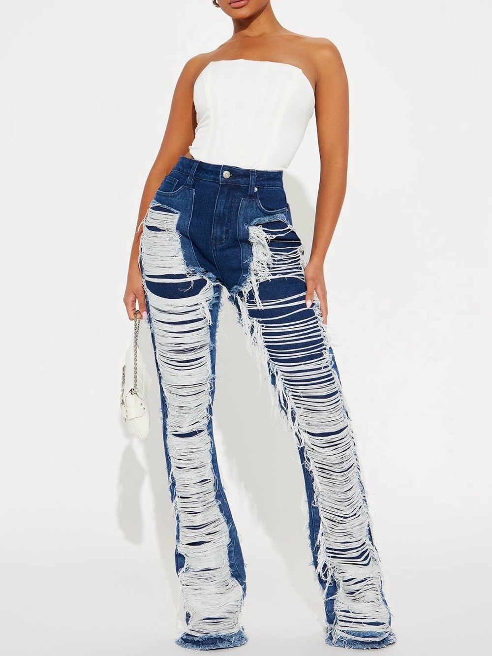 Fashion Nova Distressed Dark Blue Flare Jeans